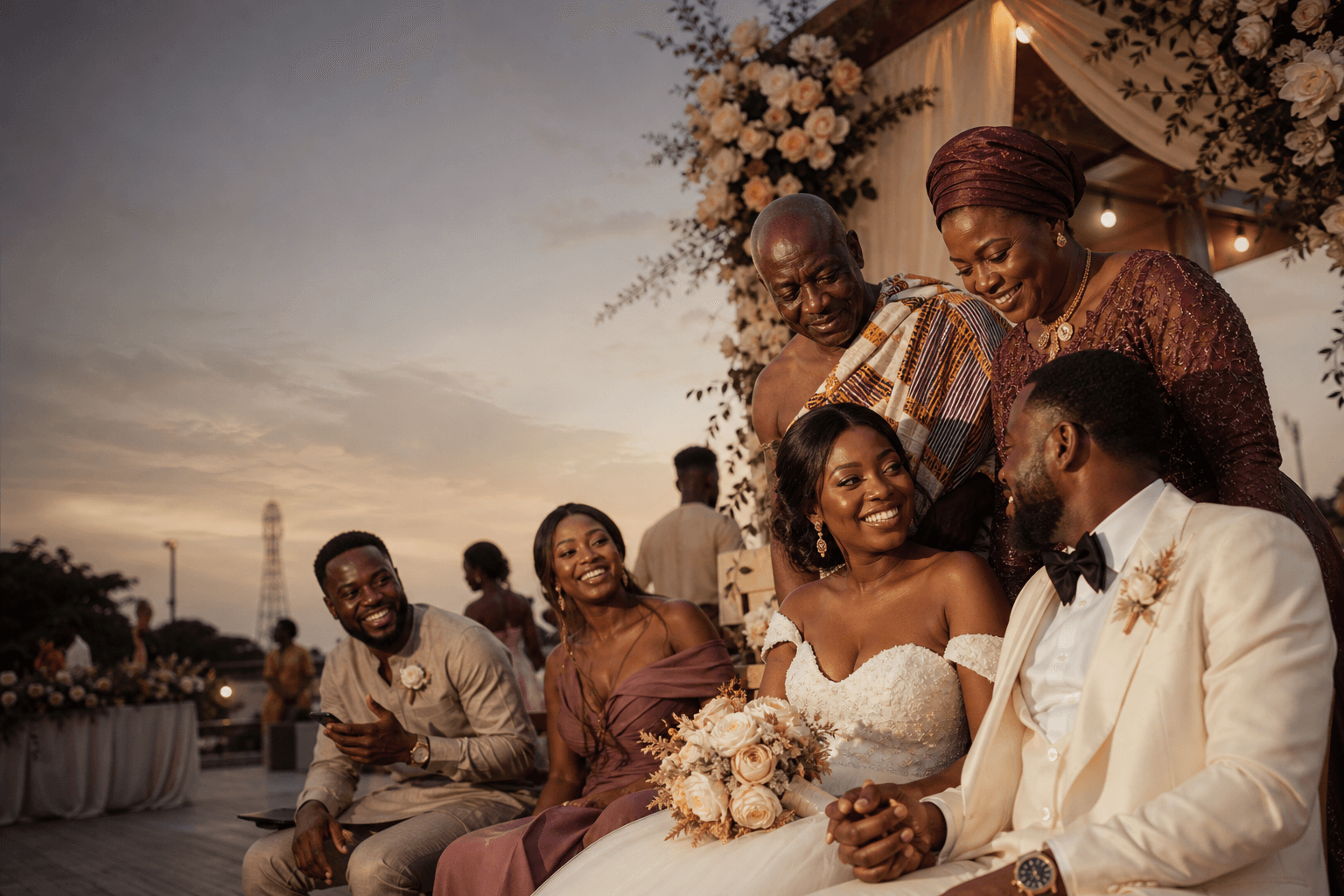 Ghanaian newlyweds celebrating with family through a Ceremonia experience